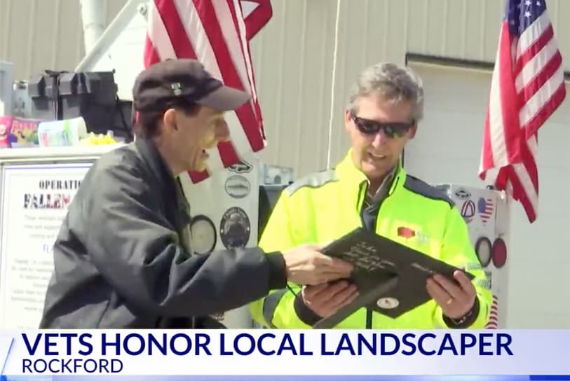The Vietnam Veteran Society presents local landscaper with a certificate of appreciation